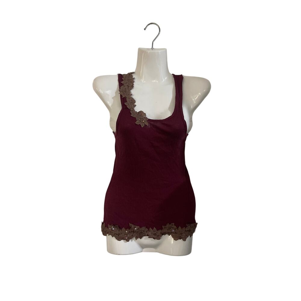 Vintage Y2K Damsel Sequin Lace Trim Ribbed Burgundy Tank Top SZ S Fairy Grunge